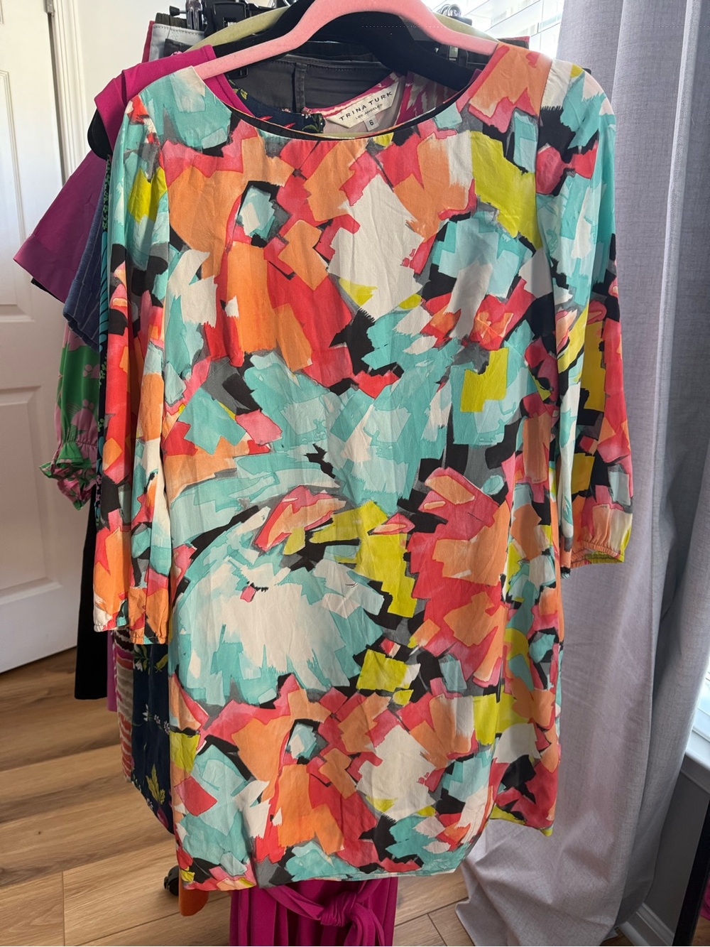Trina Turk Coral, Aqua & Yellow Abstract Mini Dress